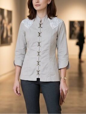 Women’s Light Gray Lace-Shoulder Mandarin Collar Jacket